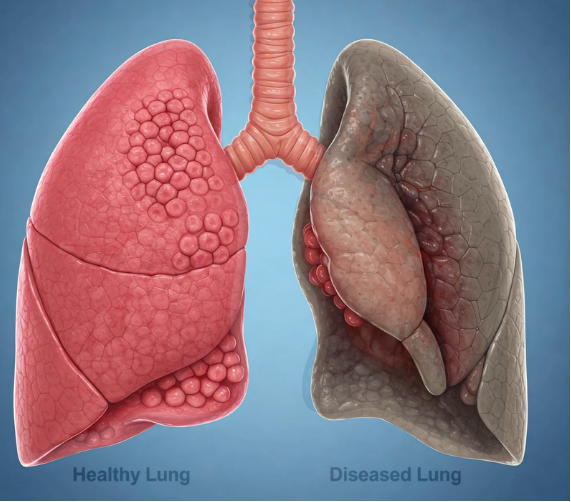 Illustration comparing congested and healthy lungs
